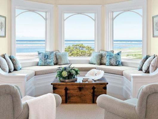 Built in window seat along bay window overlooking the water